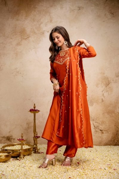 Exclusive Orange Vichitra Silk Anarkali Suit Set for Women Festive Wear Anarkali Kurtis 