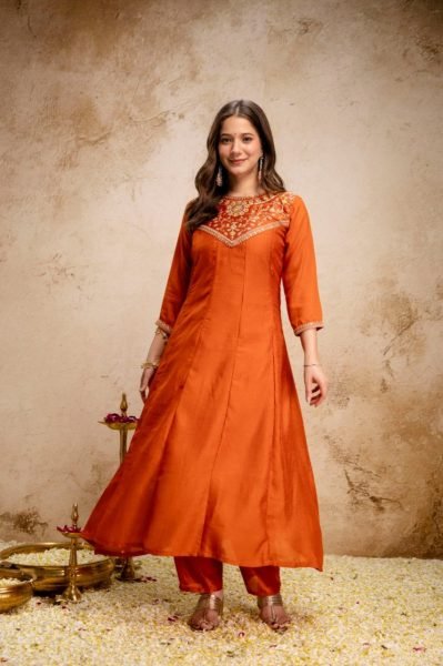 Exclusive Orange Vichitra Silk Anarkali Suit Set for Women Festive Wear Anarkali Kurtis 