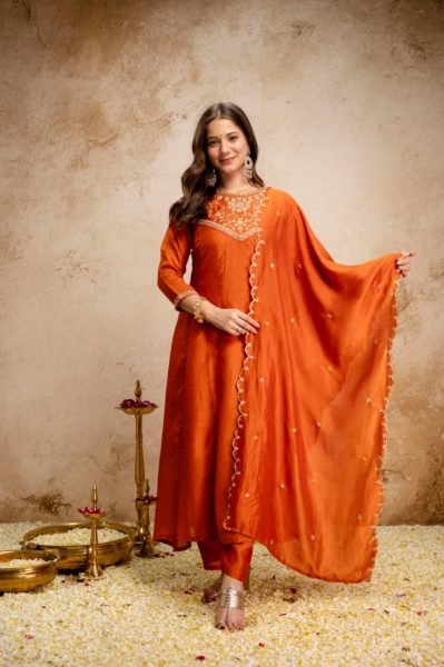 Exclusive Orange Vichitra Silk Anarkali Suit Set for Women Festive Wear Anarkali Kurtis 
