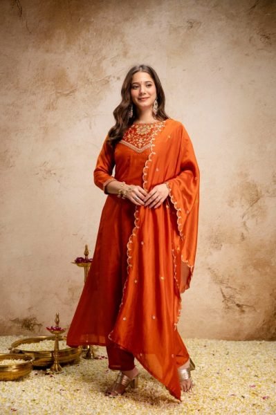 Exclusive Orange Vichitra Silk Anarkali Suit Set for Women Festive Wear Anarkali Kurtis 