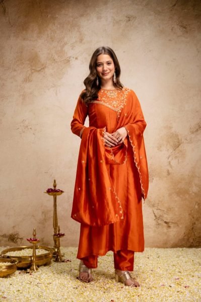 Exclusive Orange Vichitra Silk Anarkali Suit Set for Women Festive Wear Anarkali Kurtis 