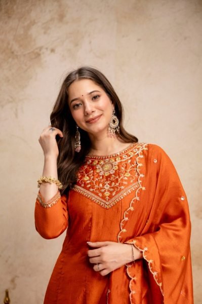 Exclusive Orange Vichitra Silk Anarkali Suit Set for Women Festive Wear Anarkali Kurtis 