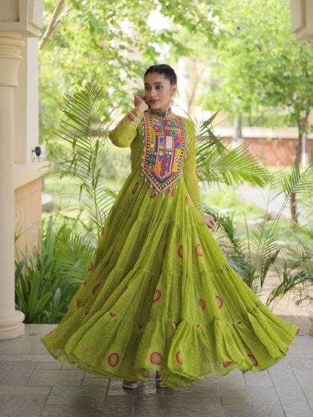 Exclusive Parrot Green Faux Georgette Bandhani Gown with Traditional Kutchi Patchwork  
