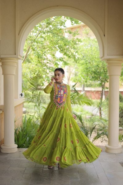 Exclusive Parrot Green Faux Georgette Bandhani Gown with Traditional Kutchi Patchwork  Navratri Collection