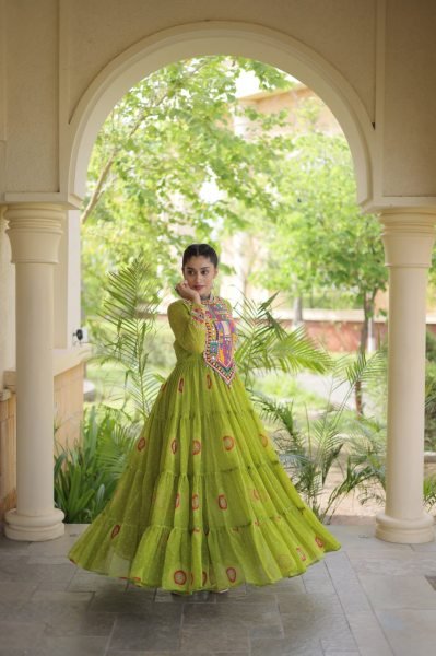 Exclusive Parrot Green Faux Georgette Bandhani Gown with Traditional Kutchi Patchwork  Navratri Collection
