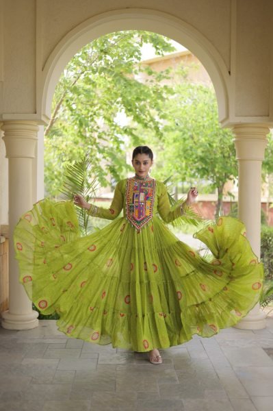 Exclusive Parrot Green Faux Georgette Bandhani Gown with Traditional Kutchi Patchwork  Navratri Collection