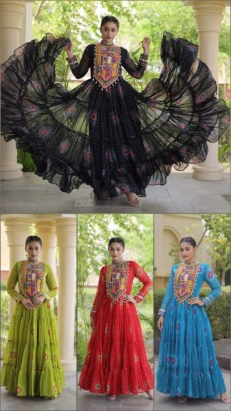 Exclusive Parrot Green Faux Georgette Bandhani Gown with Traditional Kutchi Patchwork  Navratri Collection