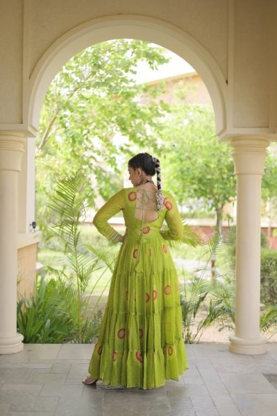 Exclusive Parrot Green Faux Georgette Bandhani Gown with Traditional Kutchi Patchwork  Navratri Collection