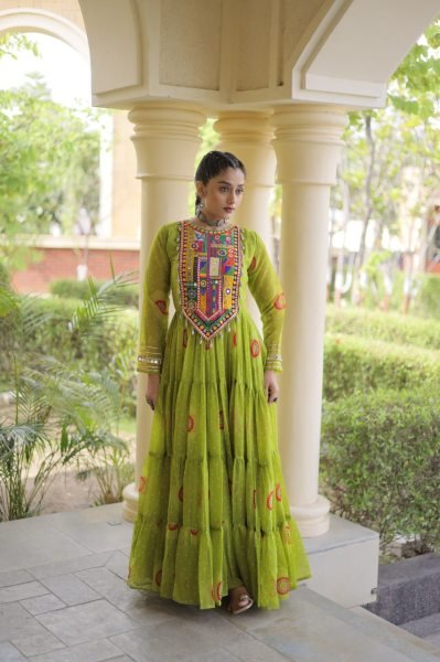 Exclusive Parrot Green Faux Georgette Bandhani Gown with Traditional Kutchi Patchwork  Navratri Collection