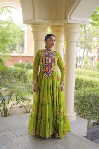 Exclusive Parrot Green Faux Georgette Bandhani Gown with Traditional Kutchi Patchwork  Navratri Collection