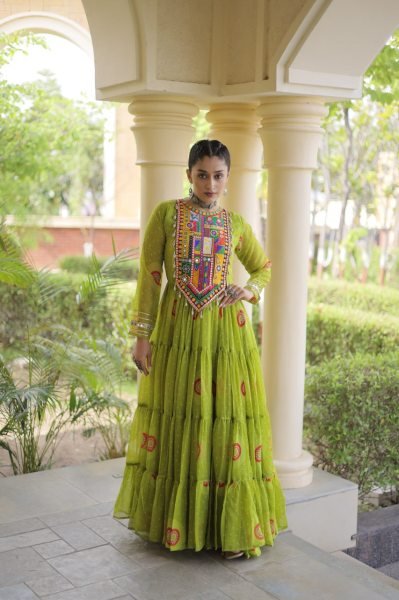 Exclusive Parrot Green Faux Georgette Bandhani Gown with Traditional Kutchi Patchwork  Navratri Collection