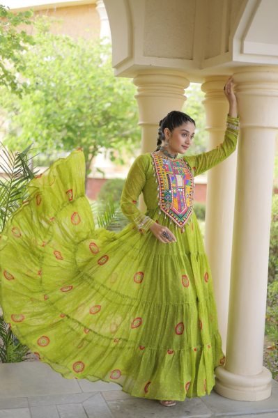 Exclusive Parrot Green Faux Georgette Bandhani Gown with Traditional Kutchi Patchwork  Navratri Collection