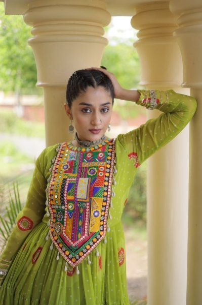 Exclusive Parrot Green Faux Georgette Bandhani Gown with Traditional Kutchi Patchwork  Navratri Collection