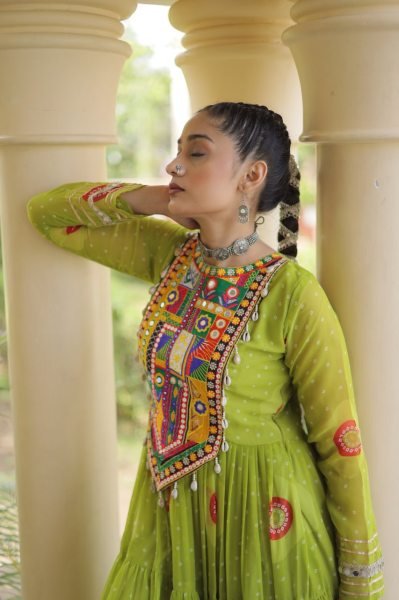 Exclusive Parrot Green Faux Georgette Bandhani Gown with Traditional Kutchi Patchwork  Navratri Collection