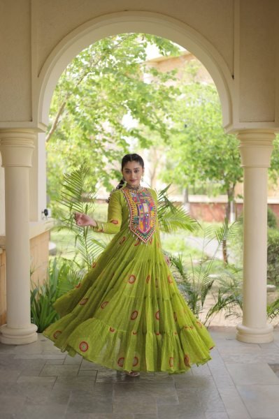 Exclusive Parrot Green Faux Georgette Bandhani Gown with Traditional Kutchi Patchwork  Navratri Collection