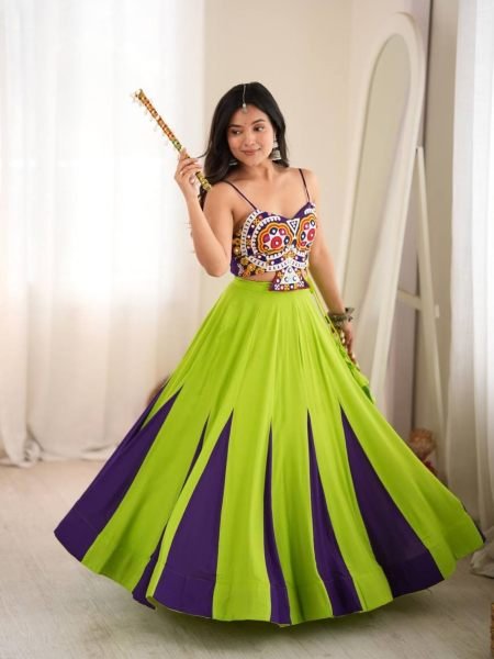 Exclusive Parrot Green Heavy Rayon Lehenga Choli with Gota Patti and Mirror Work  Lehenga