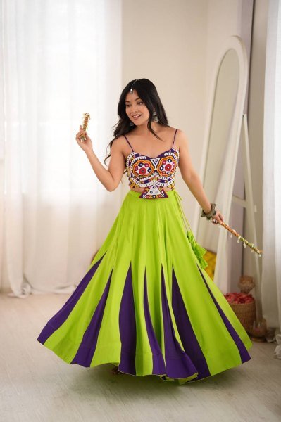 Exclusive Parrot Green Heavy Rayon Lehenga Choli with Gota Patti and Mirror Work Navratri Lehnega Choli