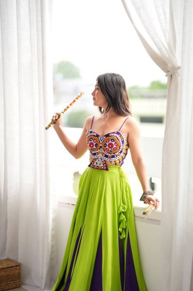 Exclusive Parrot Green Heavy Rayon Lehenga Choli with Gota Patti and Mirror Work Navratri Lehnega Choli
