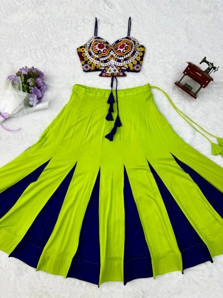 Exclusive Parrot Green Heavy Rayon Lehenga Choli with Gota Patti and Mirror Work Navratri Lehnega Choli
