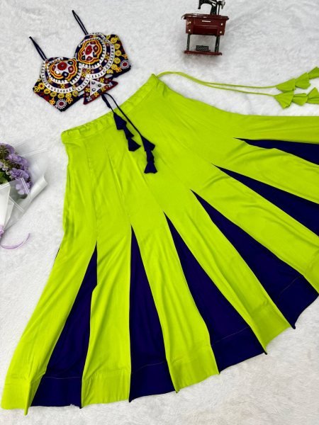 Exclusive Parrot Green Heavy Rayon Lehenga Choli with Gota Patti and Mirror Work Navratri Lehnega Choli