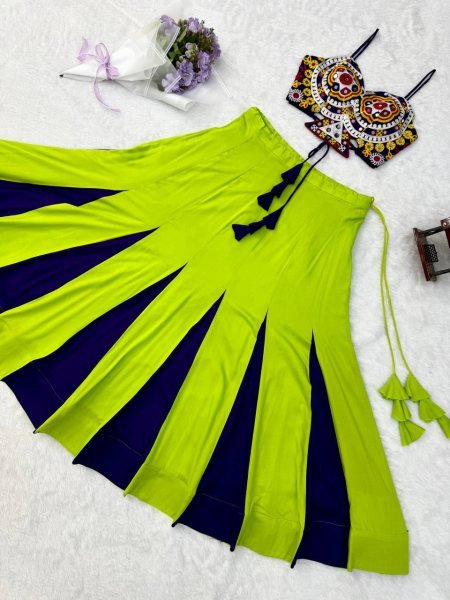 Exclusive Parrot Green Heavy Rayon Lehenga Choli with Gota Patti and Mirror Work Navratri Lehnega Choli