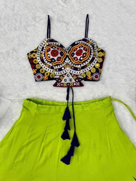 Exclusive Parrot Green Heavy Rayon Lehenga Choli with Gota Patti and Mirror Work Navratri Lehnega Choli