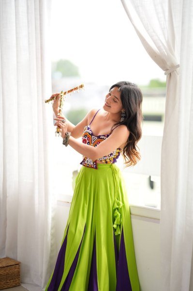 Exclusive Parrot Green Heavy Rayon Lehenga Choli with Gota Patti and Mirror Work Navratri Lehnega Choli