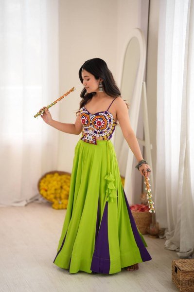 Exclusive Parrot Green Heavy Rayon Lehenga Choli with Gota Patti and Mirror Work Navratri Lehnega Choli