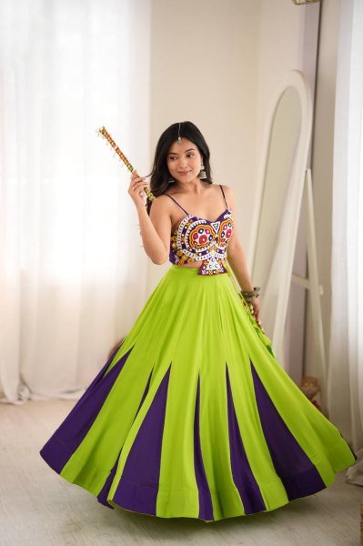 Exclusive Parrot Green Heavy Rayon Lehenga Choli with Gota Patti and Mirror Work Navratri Lehnega Choli
