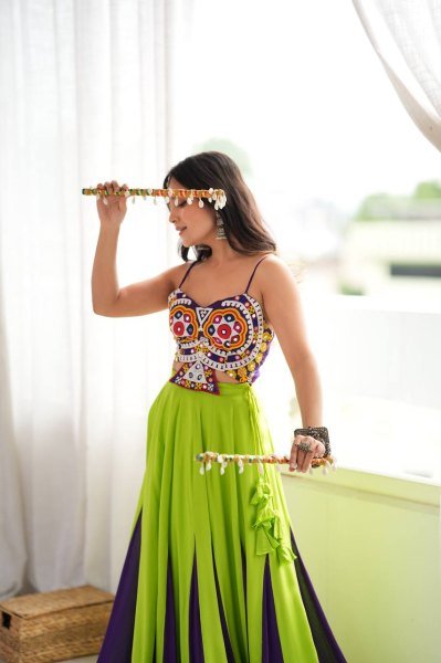 Exclusive Parrot Green Heavy Rayon Lehenga Choli with Gota Patti and Mirror Work Navratri Lehnega Choli