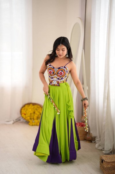 Exclusive Parrot Green Heavy Rayon Lehenga Choli with Gota Patti and Mirror Work Navratri Lehnega Choli