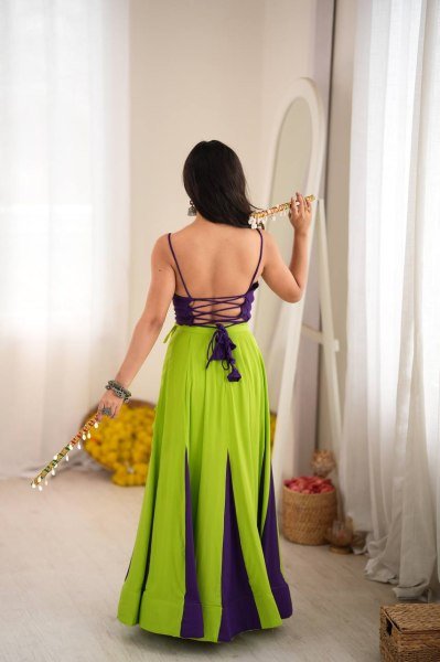 Exclusive Parrot Green Heavy Rayon Lehenga Choli with Gota Patti and Mirror Work Navratri Lehnega Choli