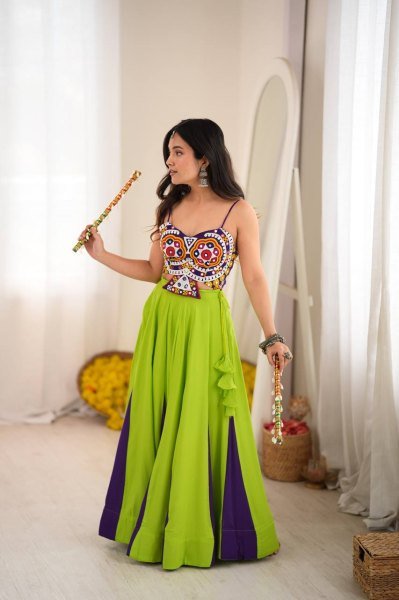 Exclusive Parrot Green Heavy Rayon Lehenga Choli with Gota Patti and Mirror Work Navratri Lehnega Choli