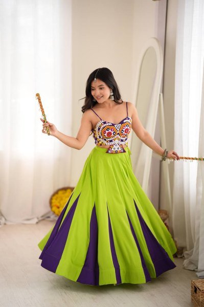 Exclusive Parrot Green Heavy Rayon Lehenga Choli with Gota Patti and Mirror Work Navratri Lehnega Choli