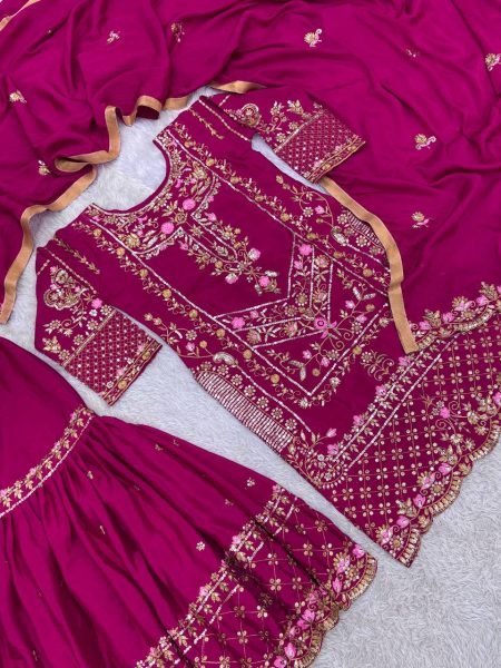 Exclusive Party Wear Readymade 3 Piece Set Pure Chinon Silk Kurti with Embroidery Sequin Work Heavy Set Ready To Wear Collection