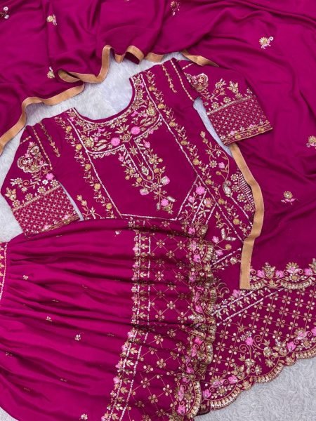 Exclusive Party Wear Readymade 3 Piece Set Pure Chinon Silk Kurti with Embroidery Sequin Work Heavy Set Ready To Wear Collection