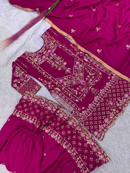 Exclusive Party Wear Readymade 3 Piece Set Pure Chinon Silk Kurti with Embroidery Sequin Work Heavy Set Ready To Wear Collection