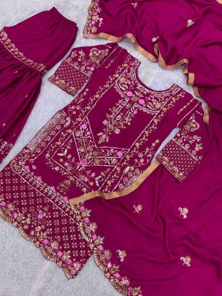 Exclusive Party Wear Readymade 3 Piece Set Pure Chinon Silk Kurti with Embroidery Sequin Work Heavy Set Ready To Wear Collection