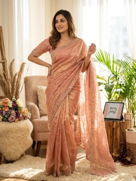 Exclusive Peach Party Wear NC Moss Butti Saree with Shadow Jarkhan Work at Wholesale Rate 