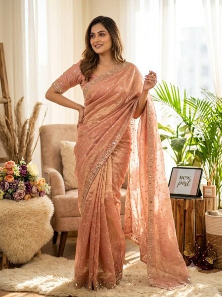 Exclusive Peach Party Wear NC Moss Butti Saree with Shadow Jarkhan Work at Wholesale Rate Designer Wedding Sarees Wholesale