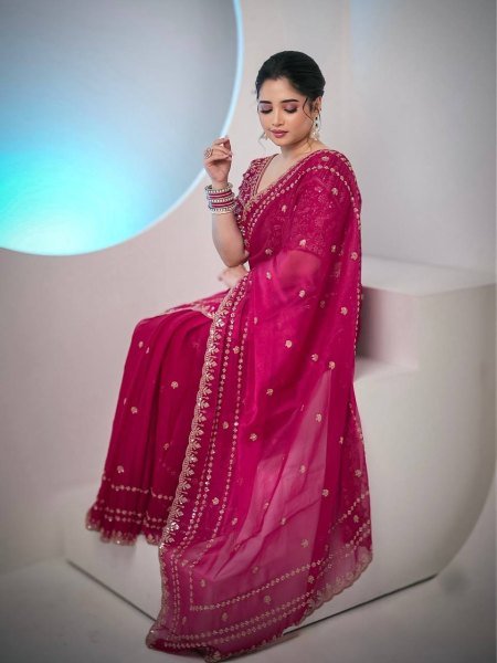 Exclusive Pink Champagne Gold Saree with Red Blouse Designer Party Wear Silk Sarees Wholesale
