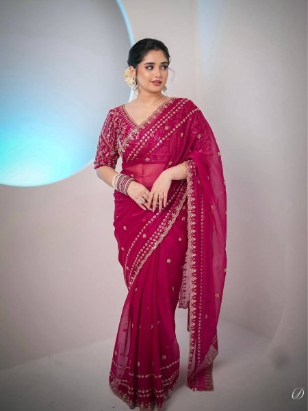 Exclusive Pink Champagne Gold Saree with Red Blouse Designer Party Wear Silk Sarees Wholesale