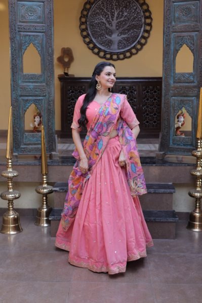 Exclusive Pink Cosmos Silk Lehenga Choli with Zari Sequins Work at Wholesale Rate Designer Lehenga Choli