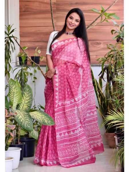 Exclusive Pink Cotton Kota Check Digital Printed Saree with Rich Pallu for Festival Sarees 