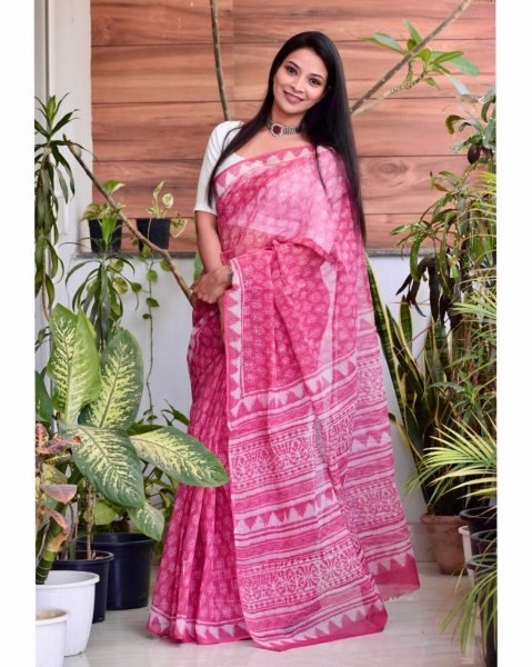Exclusive Pink Cotton Kota Check Digital Printed Saree with Rich Pallu for Festival Printed Cotton Sarees Wholesale
