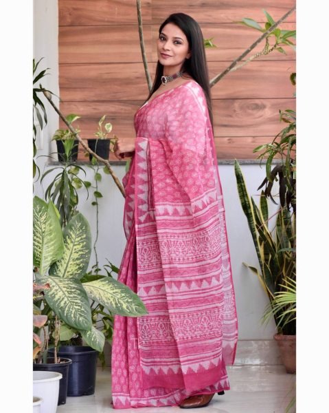 Exclusive Pink Cotton Kota Check Digital Printed Saree with Rich Pallu for Festival Printed Cotton Sarees Wholesale