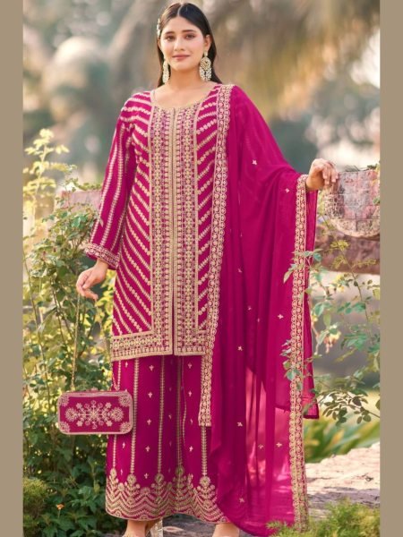 Exclusive Pink Designer Real Georgette Kurti Palazzo Dupatta Set with Heavy Work Salwar Kameez