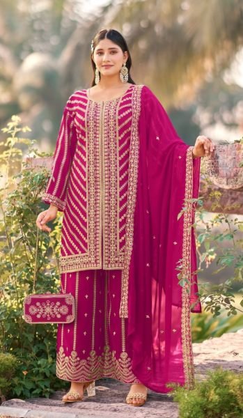 Exclusive Pink Designer Real Georgette Kurti Palazzo Dupatta Set with Heavy Work Designer Plazzo Salwar Suits Wholesale