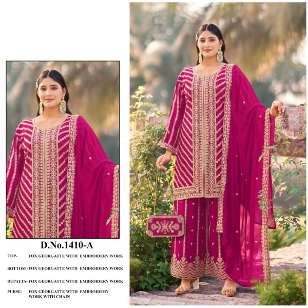 Exclusive Pink Designer Real Georgette Kurti Palazzo Dupatta Set with Heavy Work Designer Plazzo Salwar Suits Wholesale