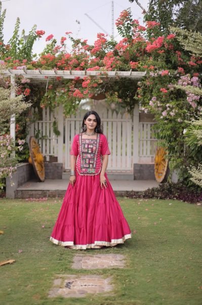 Exclusive Pink Kora Cotton Lehenga with Designer Kutchi Patchwork Blouse Navratri Lehnega Choli